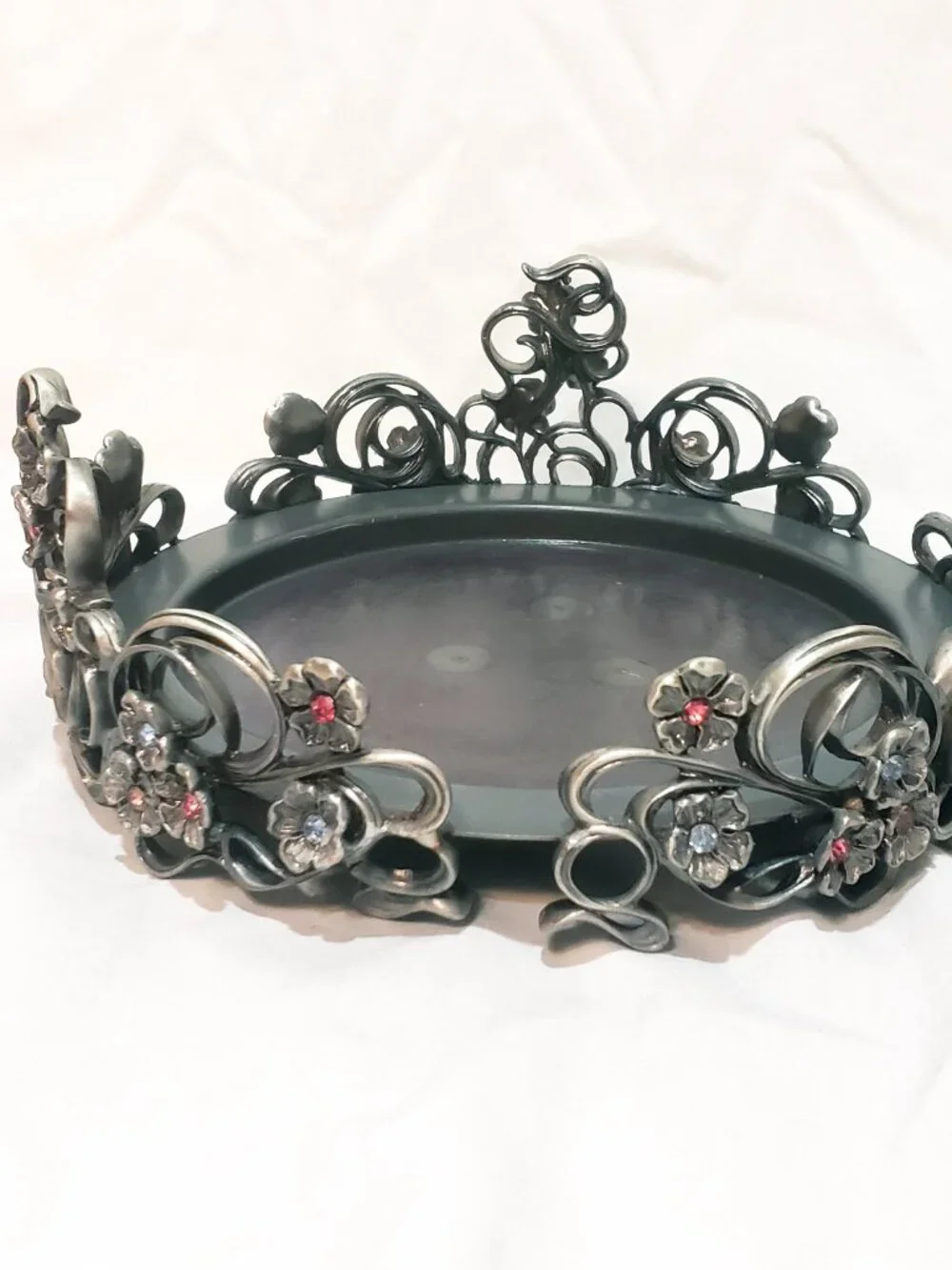 Flowers Scroll work Rhinestone Partylite Candle Holder Three Wick 8" wide - Picture 4 of 12